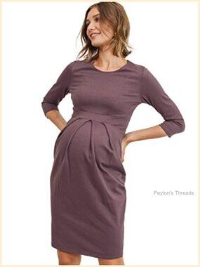 Maternity Midi Dress Knee Length Front Pleat 3/4 Sleeve Scoop Neck